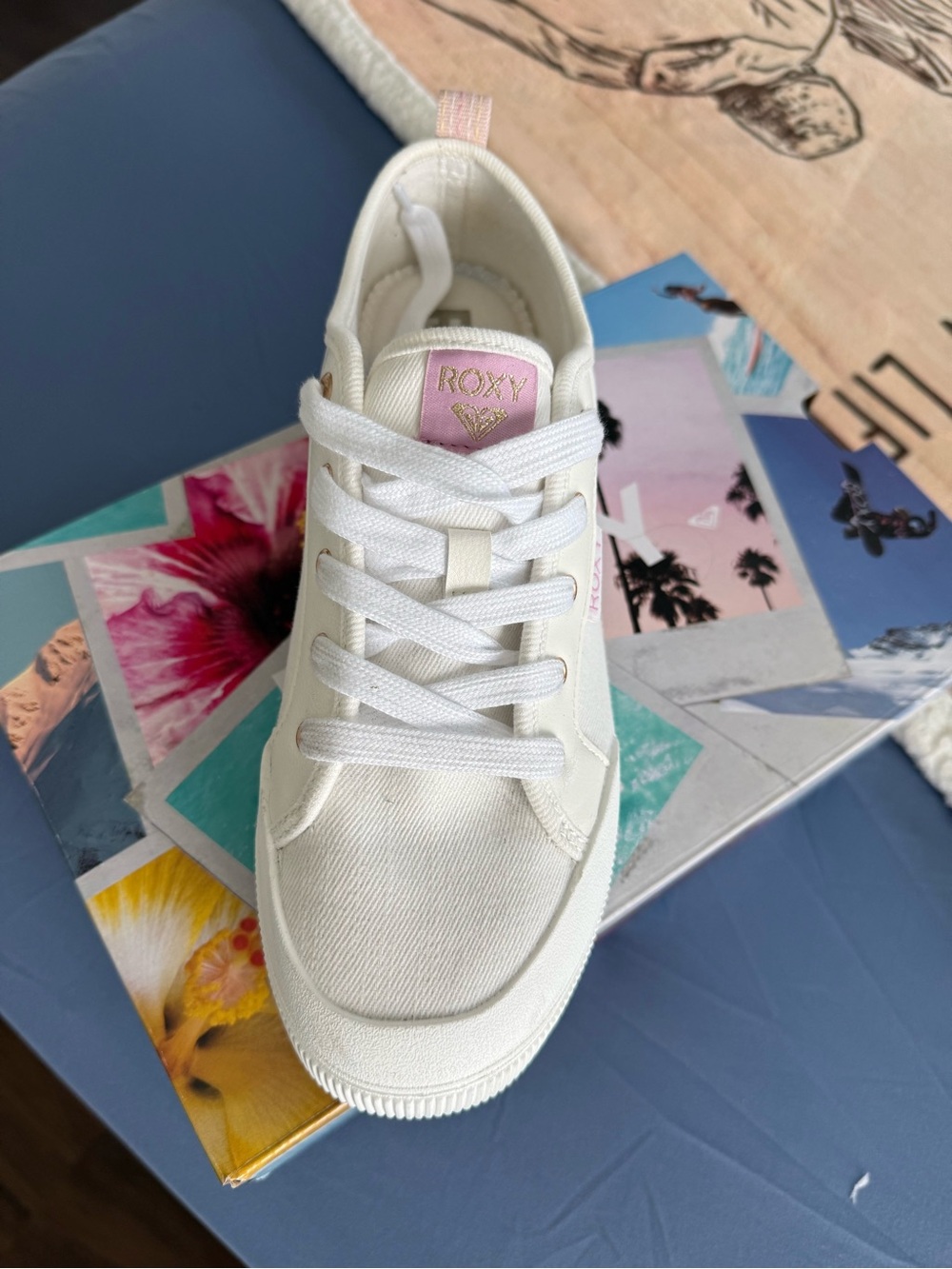 Roxy White Canvas Sneaker with Pink Logo Tab